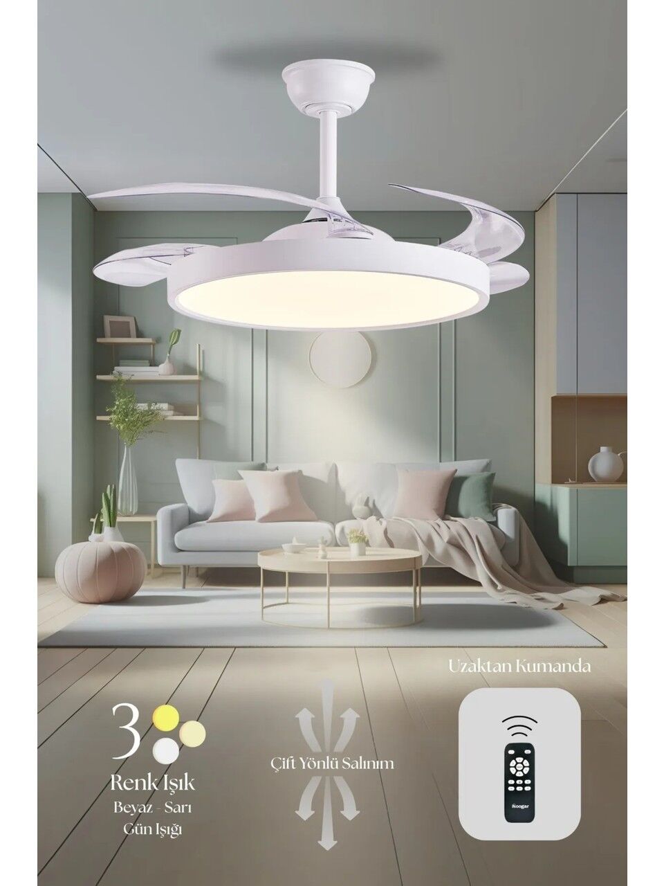 Hoogar German Beyaz Tavan Vantilatörü 3 Renk Ledli Gizli Pervaneli Kumandalı Brushless Dc Isınmaz Motor